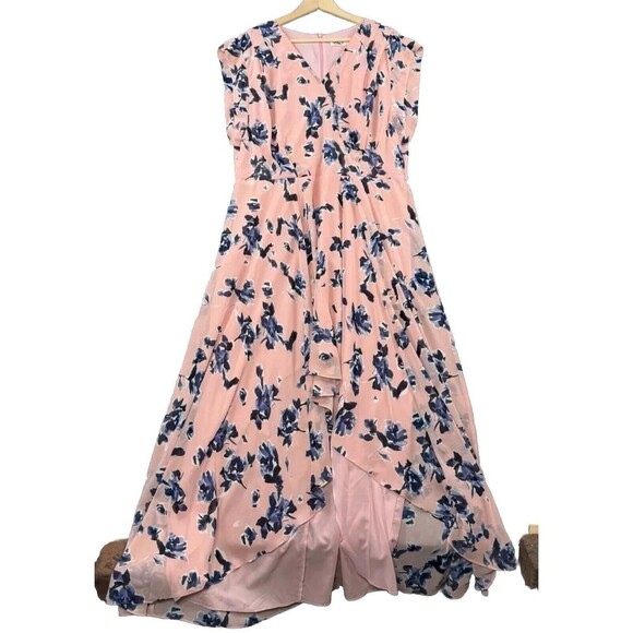 Eliza J Dress Womens Plus Size 10 Pink Blue Floral Maxi High Low Faux Wrap Flowy - Picture 1 of 8